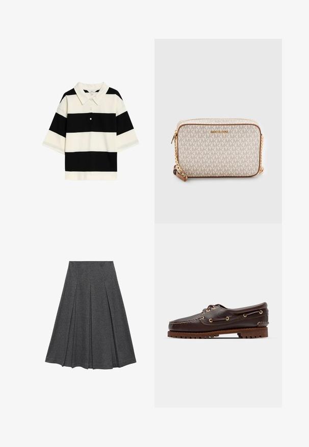 Pruhované polo tričko v černobílé barvě s klasickým límcem, třemi knoflíky a krátkými rukávy. Měkká tkanina s hladkým povrchem.; Šedá plisovaná sukně s rozšířeným tvarem, vyrobená z měkké látky. Disponuje vertikálními plisováními a hladkým pasem pro přiléhavý vzhled.; Hnědé kožené lodní boty se zlatými očky, kulatými tkaničkami a texturovanou hnědou gumovou podrážkou. Obsahují zašitý detail a vyvýšené logo.; Krémová křížová taška vyrobená z plátna s opakujícím se vzorem loga MK, zlatými kovovými doplňky a řetízkovým popruhem. Obsahuje zipové zapínání a kožené akcenty.
