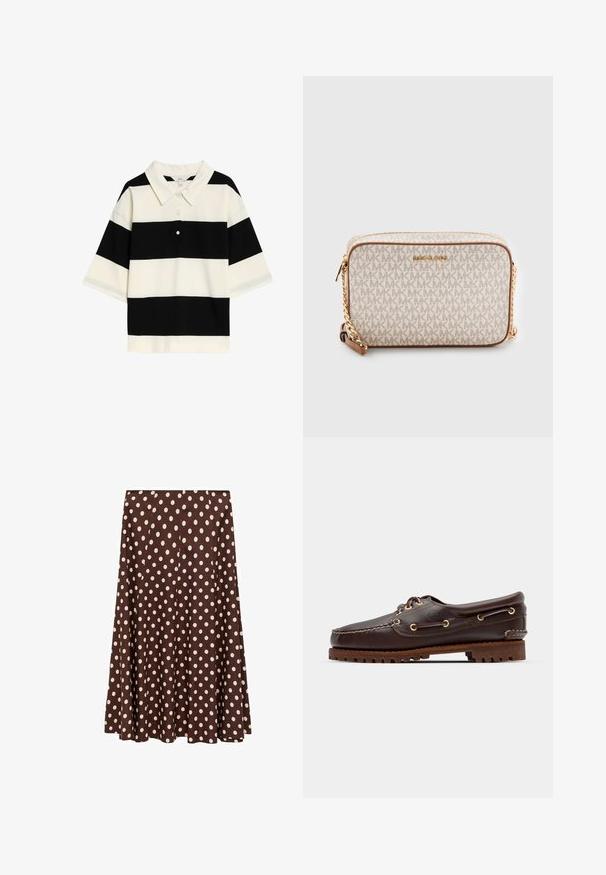 Schwarz-weiße gestreifte Polohemden mit klassischem Kragen, drei Knöpfen und kurzen Ärmeln. Weicher Stoff mit glatter Textur.; Mango ROMEO - A-Linien-Rock - brown; Braune Lederbootsschuhe mit goldenen Ösen, runden Schnürsenkeln und einer strukturierten braunen Gummisohle. Verfügt über genähte Details und ein erhabenes Logo.; Beige Umhängetasche aus Canvas mit einem sich wiederholenden MK-Logo-Muster, goldfarbenen Beschlägen und einem Kettenriemen. Mit Reißverschlussverschluss und Lederakzenten.