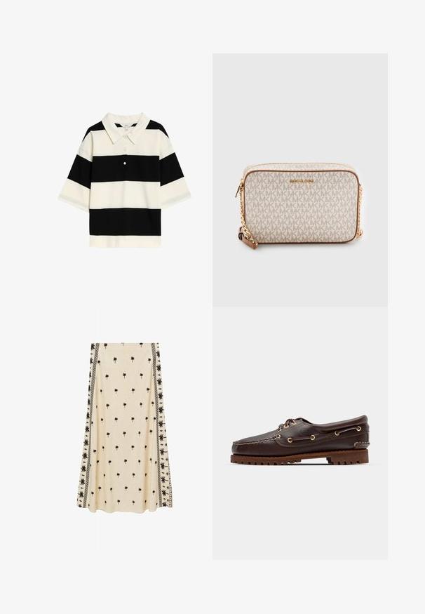 Sort-hvid stribet polo-shirt med klassisk krave, tre knapper og korte ærmer. Blødt stof med en glat tekstur.; Cremefarvet nederdel med små sorte palmetræer, prydet med intrikate sorte kantmønstre langs siderne, fremstillet af letvægtigt stof.; Brune læder bådsko med gyldne øjer, runde snørebånd og en struktureret brun gummisål. Har quiltede detaljer og et forhøjet logo.; Beige crossbody taske lavet af lærred med et gentaget MK-logo mønster, gyldent hardware og en kædestropp. Har en lynlåslukning og læderdetaljer.
