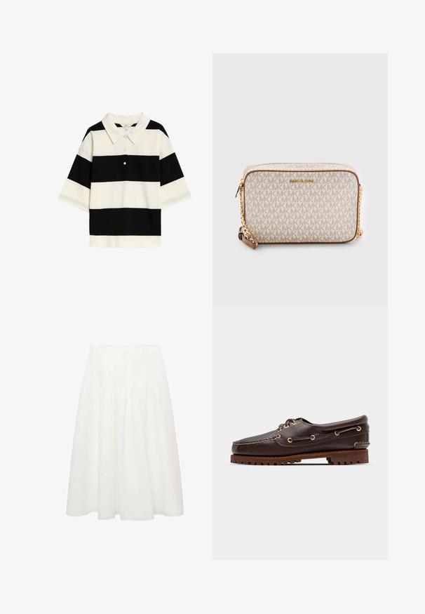 Zwart-wit gestreepte polo met een klassieke kraag, drie knopen en korte mouwen. Zachte stof met een gladde textuur.; Witte midi-jurk gemaakt van lichtgewicht stof, met een aansluitende tailleband en zachte plooien voor volume. Gladde, vloeiende textuur zonder patronen.; Bruine leren bootsschoen met gouden oogjes, ronde veters en een gestructureerde bruine rubberen zool. Kenmerkt zich door gestikte details en een verhoogd logo.; Beige crossbody tas gemaakt van canvas met een herhalend MK-logo patroon, gouden hardware en een kettinghengsel. Heeft een ritsluiting en leren accenten.