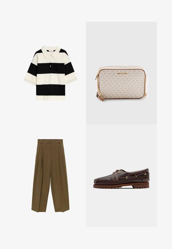 Zwart-wit gestreepte polo met een klassieke kraag, drie knopen en korte mouwen. Zachte stof met een gladde textuur.; Bruine geplooide broeken met een hoge taille, wijd uitlopende benen en een zachte stoftextuur, ontworpen met vier ceintuurlussen en een schone voorkant.; Bruine leren bootsschoen met gouden oogjes, ronde veters en een gestructureerde bruine rubberen zool. Kenmerkt zich door gestikte details en een verhoogd logo.; Beige crossbody tas gemaakt van canvas met een herhalend MK-logo patroon, gouden hardware en een kettinghengsel. Heeft een ritsluiting en leren accenten.