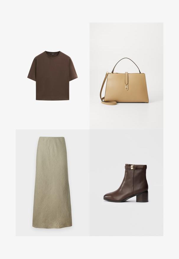 Brun bomulds t-shirt, korte ærmer, rund halsudskæring, afslappet pasform, glat tekstur, minimalistisk design, ingen synlige mønstre eller accenter.; Knælang, A-line nederdel i blødt, olivengrønt stof med en subtil tekstur og uden synlige lukninger eller udsmykninger.; Brune læder ankelstøvle med rund tå, lav blokhælsko og en dekorativ spænde rem ved anklen. Glat tekstur og slankt design.; Tommy Hilfiger LIBRE SATCHEL - Håndtasker - safari