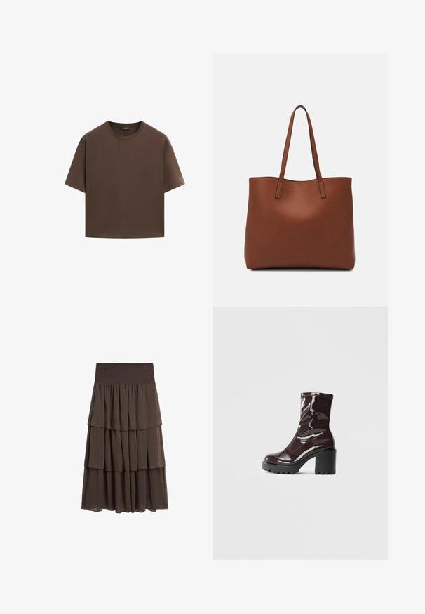 Braunes Baumwoll-T-Shirt, kurze Ärmel, runder Halsausschnitt, lockere Passform, glatte Textur, minimalistisches Design, keine sichtbaren Muster oder Akzente.; Massimo Dutti LONG RUFFLED - A-Linien-Rock - mottled dark brown; Glatte bordeauxrote Ankle Boots mit einem klobigen schwarzen Absatz, die eine glatte Oberfläche und ein einfaches Design aufweisen. Keine sichtbaren Verschlüsse oder Muster.; Braune Leder-Tote mit glatter Textur, offenem Oberteil und zwei Schulterriemen. Verfügt über minimale Nähte und keine sichtbaren Beschläge.