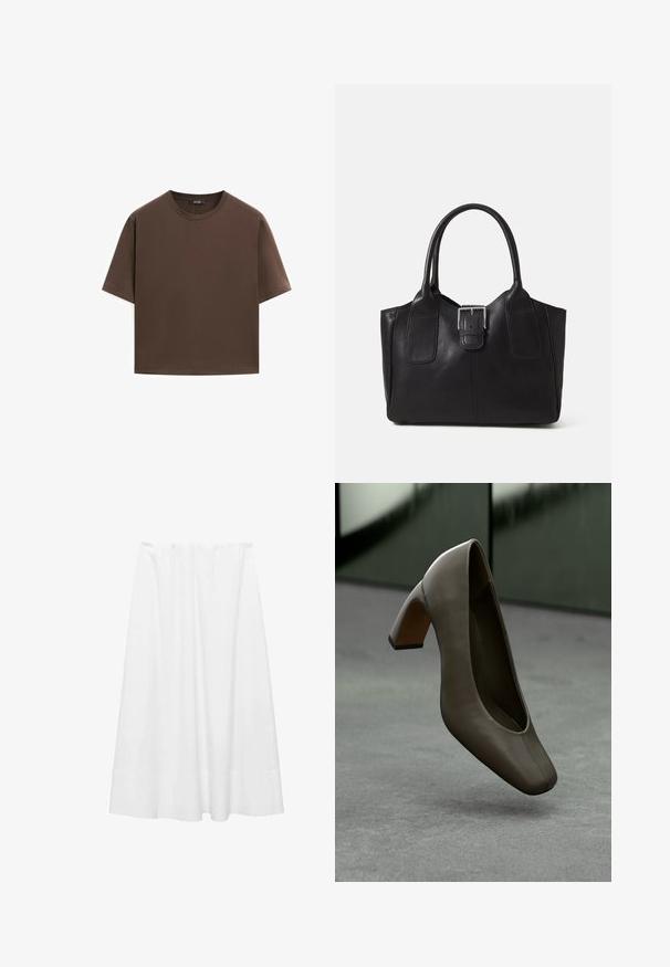 Bruine katoenen t-shirt, korte mouwen, ronde hals, relaxte pasvorm, gladde textuur, minimalistisch ontwerp, geen zichtbare patronen of accenten.; Witte midi rok van lichtgewicht stof, met een elastische tailleband, een gladde textuur en een licht uitlopende silhouet met een zoom.; Donkergroen leren hoge hak met vierkante neus en blokhak, zwevend boven een grijze betonnen vloer met een vervaagde groene achtergrond.; Zwarte leren tote bag met een gladde textuur, gestructureerde vorm, twee handvatten en een opvallend zilveren sluitingdetail aan de voorkant.