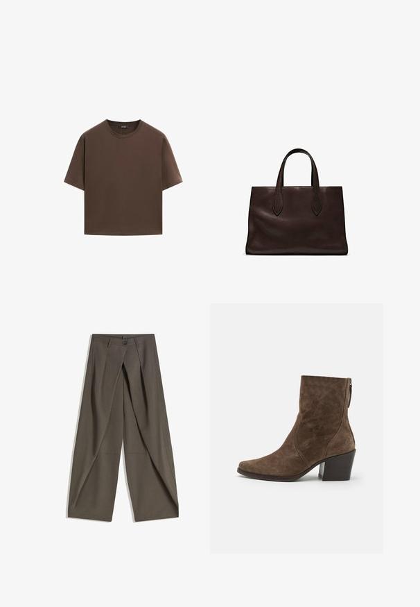 Hnědé bavlněné tričko, krátké rukávy, kulatý výstřih, volný střih, hladká textura, minimalistický design, žádné viditelné vzory ani akcenty.; Kalhoty s širokými nohavicemi vyrobené z texturované tkaniny tmavě šedé barvy. Obsahují přední záhyb, zapínání na knoflík a boční kapsy pro praktičnost.; Hnědé semišové kotníkové boty s špičatou špičkou, bočním zipem a robustním podpatkem. Mají hladký povrch a minimální švy.; Hnědá kožená taška přes rameno s dvěma dlouhými uchy, strukturální obdélníkový tvar, hladká textura a jemné švy.