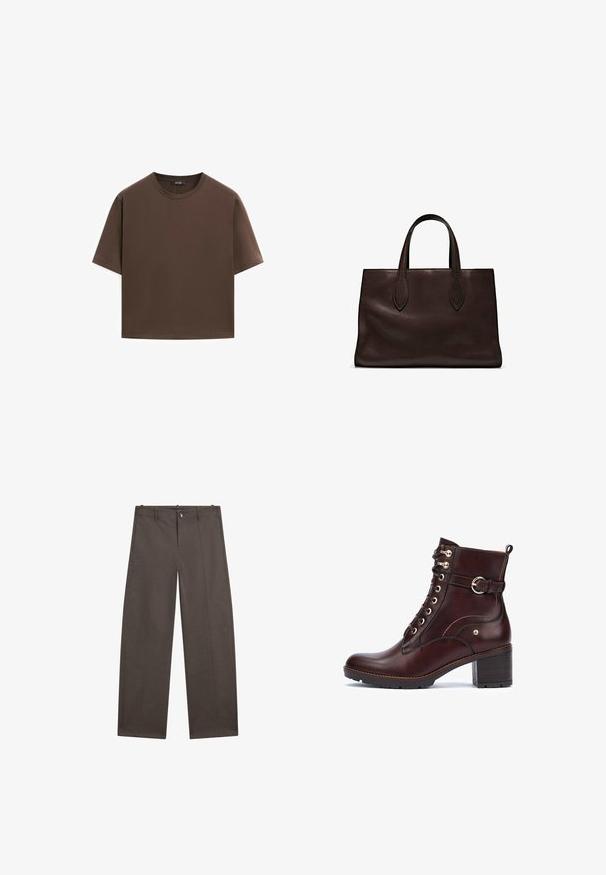 Brun bomull t-shirt, korta ärmar, rund halsringning, avslappnad passform, slät textur, minimalistisk design, inga synliga mönster eller accenter.; Breda byxor i mörkt brunt tyg. Har en knappstängning, två framfickor och en slät textur med rena sömmar.; Pikolinos LLANES - Ankelboots - dark brown; Brun läder tote-väska med två avlånga handtag, strukturerad rektangulär form, slät textur och subtila sömdetaljer.