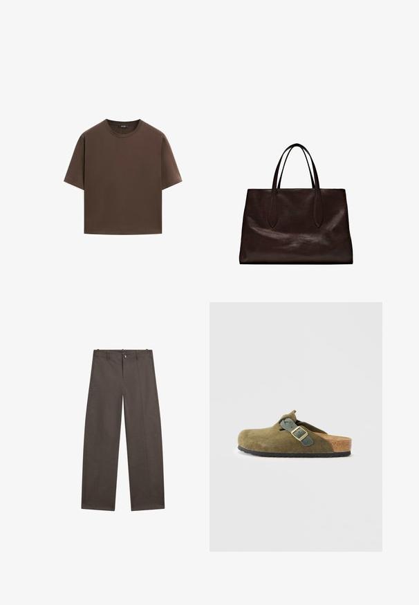 Brun bomulds t-shirt, korte ærmer, rund halsudskæring, afslappet pasform, glat tekstur, minimalistisk design, ingen synlige mønstre eller accenter.; Bredde bukser i mørkebrun stof. Har knaplukning, to frontlommer og en glat tekstur med rene sømme.; Oliven grøn ruskinds slip-on clog med en kork sål. Har en spænde-rem og en rund tå, samt en tekstureret gummisål.; Massimo Dutti Håndtasker - brown