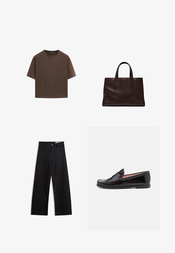 Hnědé bavlněné tričko, krátké rukávy, kulatý výstřih, volný střih, hladká textura, minimalistický design, žádné viditelné vzory ani akcenty.; Černé denimové kalhoty s volným střihem a vysokým pasem, vybavené předními a zadními kapsami, prošívanými švy a knoflíkovým zapínáním. Hladká textura.; Černé lakované mokasíny s zaoblenou špičkou, dekorativním prošíváním na svršku a nízkou, plochou gumovou podrážkou.; Hnědá kožená taška přes rameno s dvěma dlouhými uchy, strukturální obdélníkový tvar, hladká textura a jemné švy.