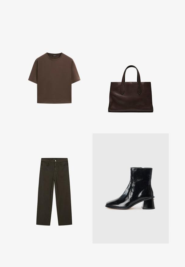 Brązowa bawełniana koszulka, krótki rękaw, okrągły dekolt, luźny fason, gładka tkanina, minimalistyczny design, bez widocznych wzorów czy akcentów.; Ciemnozielone spodnie dżinsowe typu wide-leg wykonane z mieszanki bawełny, z zamkiem na guzik z przodu, pięcioma kieszeniami i klasycznym przeszyciem dżinsowym.; Czarny botek za kostkę wykonany z błyszczącej skóry, z wydłużonym noskiem i unikalnym słupkowym obcasem z okrągłym akcentem.; Brązowa skórzana torba tote z dwoma wydłużonymi uchwytami, usztywnionym prostokątnym kształtem, gładką teksturą i subtelnymi detalami przeszycia.