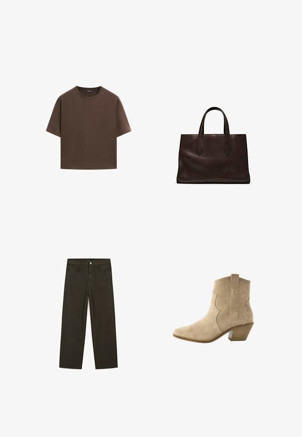 Bruine katoenen t-shirt, korte mouwen, ronde hals, relaxte pasvorm, gladde textuur, minimalistisch ontwerp, geen zichtbare patronen of accenten.; Donkergroene wijde jeans van een katoenmix, met een sluiting met een voorste knop, vijf zakken en klassieke denimstiksels.; Beige suède enkelboot met een puntige neus en gebogen naden. Voorzien van een gestapelde hak en een trekriem aan de achterkant voor gemakkelijke instap.; Bruine leren tote bag met twee verlengde handvatten, gestructureerde rechthoekige vorm, gladde textuur en subtiele stiksels.
