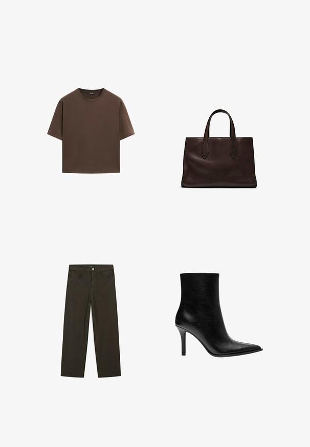 Brązowa bawełniana koszulka, krótki rękaw, okrągły dekolt, luźny fason, gładka tkanina, minimalistyczny design, bez widocznych wzorów czy akcentów.; Ciemnozielone spodnie dżinsowe typu wide-leg wykonane z mieszanki bawełny, z zamkiem na guzik z przodu, pięcioma kieszeniami i klasycznym przeszyciem dżinsowym.; Czarne skórzane botki za kostkę z wąskim noskiem, smukłym obcasem typu stiletto, gładką teksturą i minimalistycznym designem. Brak widocznych elementów metalowych lub akcentów.; Brązowa skórzana torba tote z dwoma wydłużonymi uchwytami, usztywnionym prostokątnym kształtem, gładką teksturą i subtelnymi detalami przeszycia.