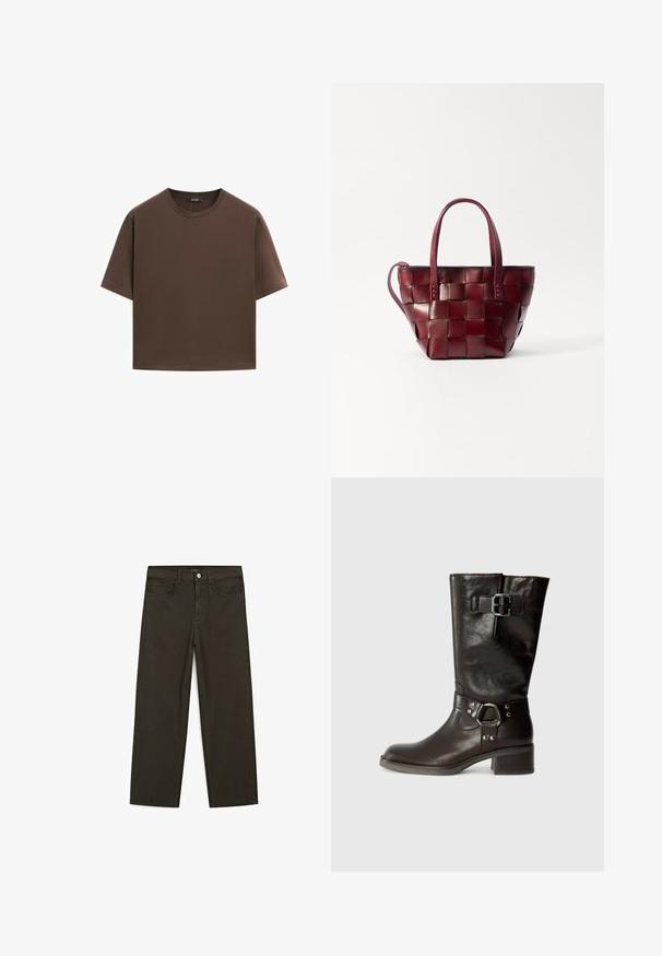 Bruine katoenen t-shirt, korte mouwen, ronde hals, relaxte pasvorm, gladde textuur, minimalistisch ontwerp, geen zichtbare patronen of accenten.; Donkergroene wijde jeans van een katoenmix, met een sluiting met een voorste knop, vijf zakken en klassieke denimstiksels.; Bruine leren kniehoge laars met een ronde neus, een detailsluiting aan de zijkant en een chunkyzool. Gladde textuur met metallic accenten op de band.; Geweven bordeaux leren tote bag met twee korte handvatten en een afneembare schouderriem. Heeft een gestructureerde vorm en een gladde textuur.