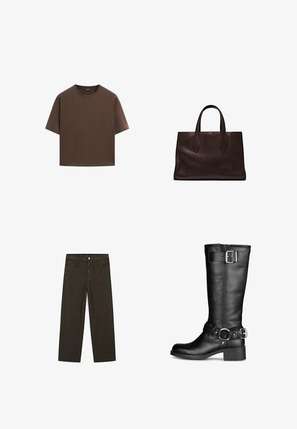 Braunes Baumwoll-T-Shirt, kurze Ärmel, runder Halsausschnitt, lockere Passform, glatte Textur, minimalistisches Design, keine sichtbaren Muster oder Akzente.; Dunkelgrüne Jeans im weit geschnittenen Style, hergestellt aus einem Baumwollgemisch. Sie verfügen über einen Frontknopfverschluss, fünf Taschen und klassische Denim-Nähte.; Schwarze Lederstiefel bis zum Knie mit runder Zehenpartie, einem stilvollen Schnallenriemen und einem Blockabsatz. Glatte Oberfläche und minimale Designmerkmale.; Braune Ledertasche mit zwei langen Griffen, strukturierte rechteckige Form, glatte Textur und dezente Nähdetails.