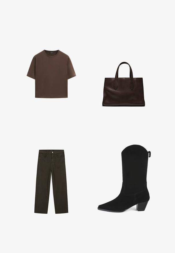 Brun bomulds t-shirt, korte ærmer, rund halsudskæring, afslappet pasform, glat tekstur, minimalistisk design, ingen synlige mønstre eller accenter.; Mørkegrønne brede jeans lavet af en bomuldsblanding, med en frontlukning med knap, fem lommer og klassisk denim-syning.; Sort ruskind cowboystøvle med spids tå, en let hæl og en bølget kant øverst. Har minimal syning og en bageste trækstrop.; Brun læder tote bag med to forlængede håndtag, struktureret rektangulær form, glat overflade og subtile syninger.