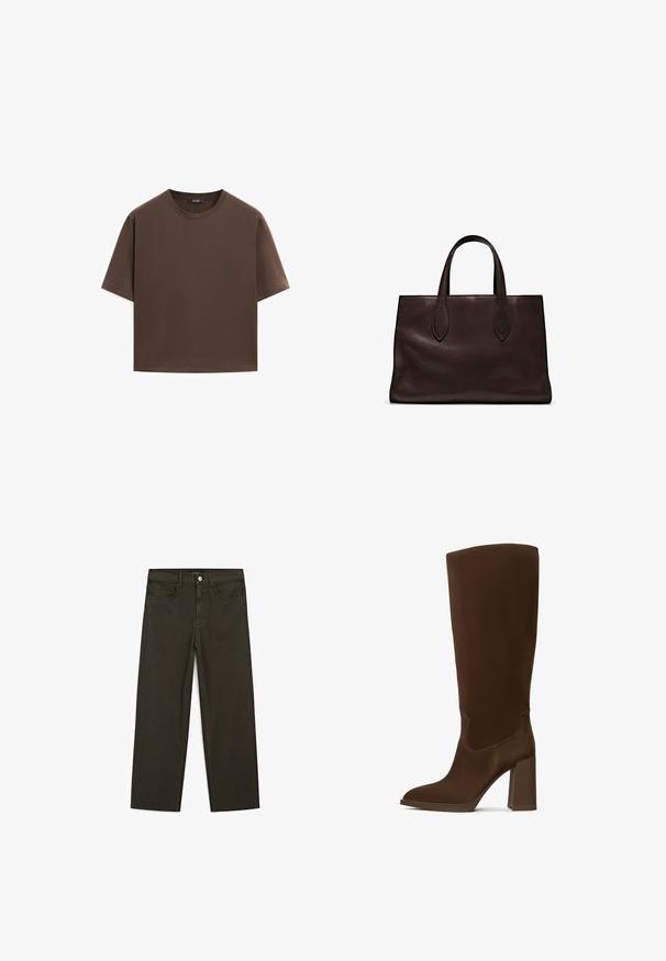 Brązowa bawełniana koszulka, krótki rękaw, okrągły dekolt, luźny fason, gładka tkanina, minimalistyczny design, bez widocznych wzorów czy akcentów.; Ciemnozielone spodnie dżinsowe typu wide-leg wykonane z mieszanki bawełny, z zamkiem na guzik z przodu, pięcioma kieszeniami i klasycznym przeszyciem dżinsowym.; Brązowe, wysokie do kolan botki wykonane z gładkiego materiału, z nokciem w kształcie szpica i kwadratowym obcasem. Szczegóły przeszyć podkreślają elegancki design.; Brązowa skórzana torba tote z dwoma wydłużonymi uchwytami, usztywnionym prostokątnym kształtem, gładką teksturą i subtelnymi detalami przeszycia.