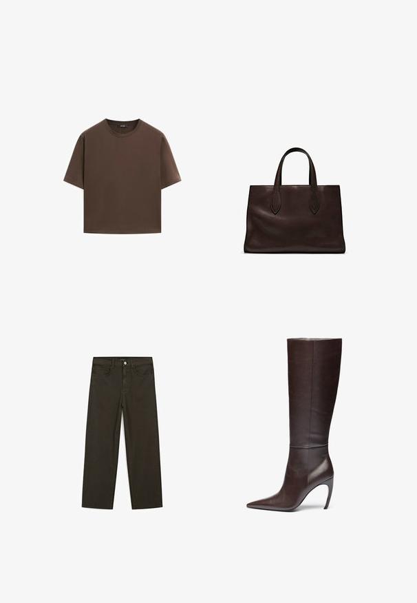 Brown cotton t-shirt, short sleeves, crew neckline, relaxed fit, smooth texture, minimalistic design, no visible patterns or accents.; Dark green wide-leg jeans made of cotton blend, featuring a front button closure, five pockets, and classic denim stitching.; Brown leather knee-high boot with a pointed toe and stiletto heel, featuring a smooth texture and minimalistic design.; Brown leather tote bag with two elongated handles, structured rectangular shape, smooth texture, and subtle stitching details.