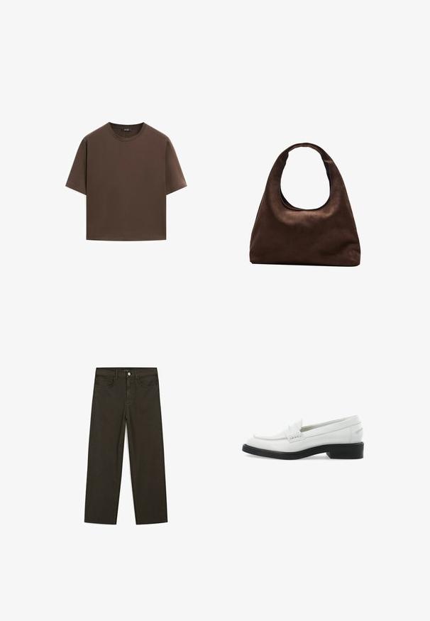 Brun bomulds t-shirt, korte ærmer, rund halsudskæring, afslappet pasform, glat tekstur, minimalistisk design, ingen synlige mønstre eller accenter.; Mørkegrønne brede jeans lavet af en bomuldsblanding, med en frontlukning med knap, fem lommer og klassisk denim-syning.; Hvide læder loafers med en flad sort sål, prydet med dekorativ syning og rund tå. Simpelt design, egnet til både casual og formelt brug.; Blød brun hobo-stil håndtaske med en enkelt bred strop og en buet åbning på toppen, vist på en hvid baggrund.