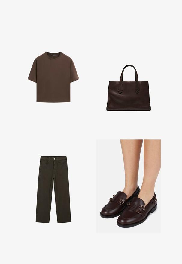 Brun bomulds t-shirt, korte ærmer, rund halsudskæring, afslappet pasform, glat tekstur, minimalistisk design, ingen synlige mønstre eller accenter.; Mørkegrønne brede jeans lavet af en bomuldsblanding, med en frontlukning med knap, fem lommer og klassisk denim-syning.; Brune læder loafers med en rund tå, dobbelte bånd over vamps og dekorative hardware-detajer i guldfarve på siderne.; Brun læder tote bag med to forlængede håndtag, struktureret rektangulær form, glat overflade og subtile syninger.