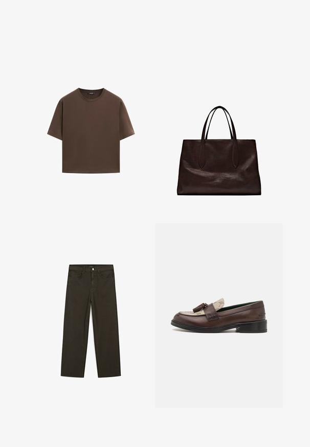 Hnědé bavlněné tričko, krátké rukávy, kulatý výstřih, volný střih, hladká textura, minimalistický design, žádné viditelné vzory ani akcenty.; Tmavě zelené široké džínsy vyrobené z bavlněné směsi, s předním zapínáním na knoflík, pěti kapsami a klasickým denimovým stehem.; Hnědé kožené polobotky s kontrastní světlou vzorovanou textilní částí a dekoračním třásní. Nízký stohovaný podpatek. Zelené vnitřní podšívka.; Massimo Dutti Kabelka - brown