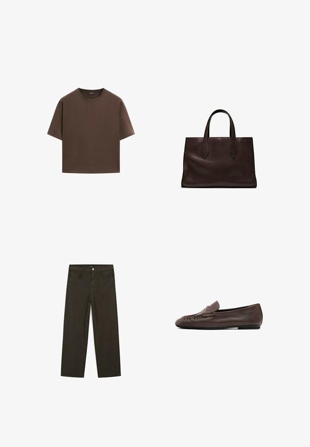 T-shirt in cotone marrone, maniche corte, collo a giro, vestibilità abbastanza ampia, texture liscia, design minimalista, senza motivi o dettagli visibili.; Jeans a gamba larga di colore verde scuro, realizzati in tessuto misto cotone, dotati di chiusura con bottone frontale, cinque tasche e cuciture classiche in denim.; Scarpa piatta in pelle marrone stile mocassino con un accento cucito sulla tomaia e una texture liscia. Design a profilo basso con suola flessibile.; Borsa a spalla in pelle marrone con due manici lunghi, forma rettangolare strutturata, texture liscia e dettagli di cucitura sottili.