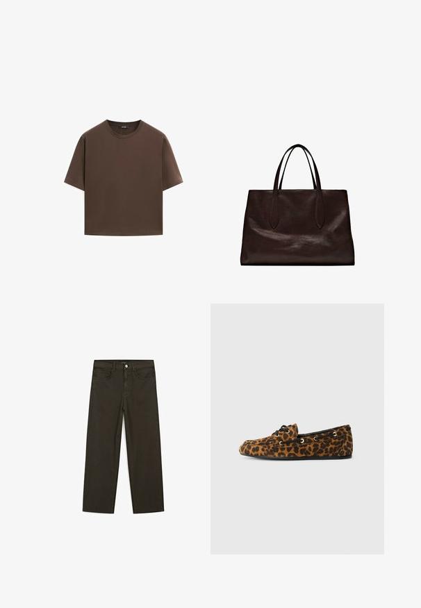 T-shirt en coton marron, à manches courtes, col rond, coupe décontractée, texture lisse, design minimaliste, sans motifs ni accents visibles.; Jeans large en denim vert foncé en mélange de coton, avec une fermeture à bouton à l'avant, cinq poches et des coutures classiques en denim.; Lofers à imprimé léopard avec une texture douce, une forme arrondie, des lacets noirs et des œillets dorés, dotés d'une semelle en caoutchouc plate.; Massimo Dutti Sac à main - brown