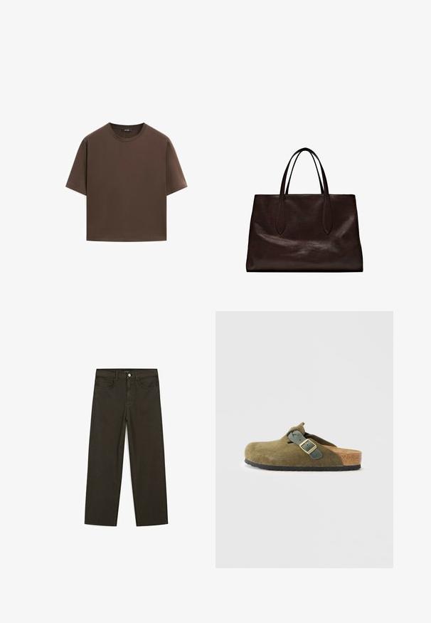 Brun bomulds t-shirt, korte ærmer, rund halsudskæring, afslappet pasform, glat tekstur, minimalistisk design, ingen synlige mønstre eller accenter.; Mørkegrønne brede jeans lavet af en bomuldsblanding, med en frontlukning med knap, fem lommer og klassisk denim-syning.; Oliven grøn ruskinds slip-on clog med en kork sål. Har en spænde-rem og en rund tå, samt en tekstureret gummisål.; Massimo Dutti Håndtasker - brown