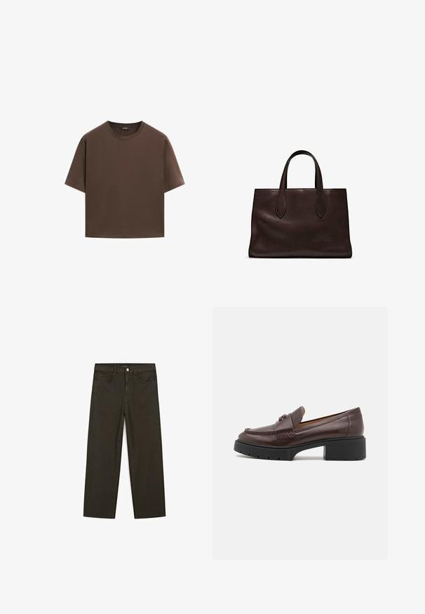 Braunes Baumwoll-T-Shirt, kurze Ärmel, runder Halsausschnitt, lockere Passform, glatte Textur, minimalistisches Design, keine sichtbaren Muster oder Akzente.; Dunkelgrüne Jeans im weit geschnittenen Style, hergestellt aus einem Baumwollgemisch. Sie verfügen über einen Frontknopfverschluss, fünf Taschen und klassische Denim-Nähte.; Brauner Lederloafer mit abgerundetem Zeh, genähten Details und einem klobigen schwarzen Gummihighheel. Glatte Oberfläche und minimale Akzente.; Braune Ledertasche mit zwei langen Griffen, strukturierte rechteckige Form, glatte Textur und dezente Nähdetails.