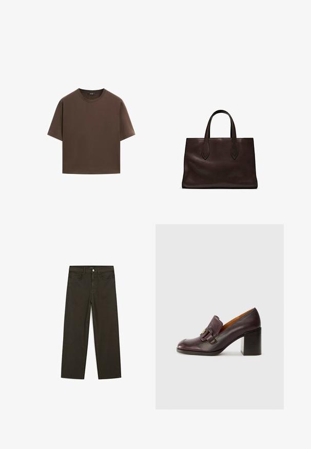 T-shirt en coton marron, à manches courtes, col rond, coupe décontractée, texture lisse, design minimaliste, sans motifs ni accents visibles.; Jeans large en denim vert foncé en mélange de coton, avec une fermeture à bouton à l'avant, cinq poches et des coutures classiques en denim.; Chie Mihara NOWA - Escarpins - kimera grape; Sac tote en cuir marron avec deux poignées allongées, forme rectangulaire structurée, texture lisse et détails de couture subtils.