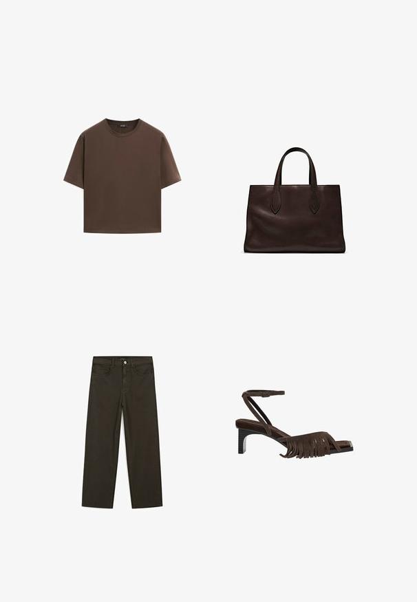 T-shirt en coton marron, à manches courtes, col rond, coupe décontractée, texture lisse, design minimaliste, sans motifs ni accents visibles.; Jeans large en denim vert foncé en mélange de coton, avec une fermeture à bouton à l'avant, cinq poches et des coutures classiques en denim.; Sandale en suède marron avec des détails à franges, une bride de cheville et un petit talon carré. Présente un design épuré et minimaliste avec une texture subtile.; Sac tote en cuir marron avec deux poignées allongées, forme rectangulaire structurée, texture lisse et détails de couture subtils.