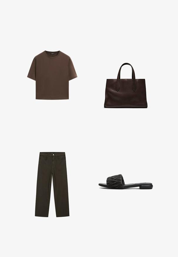 Brun bomulds t-shirt, korte ærmer, rund halsudskæring, afslappet pasform, glat tekstur, minimalistisk design, ingen synlige mønstre eller accenter.; Mørkegrønne brede jeans lavet af en bomuldsblanding, med en frontlukning med knap, fem lommer og klassisk denim-syning.; Sort glidesandal med en quiltet overdel, flad sål og minimalistisk design. Lavet af syntetisk materiale med en glat tekstur og uden synligt hardware.; Brun læder tote bag med to forlængede håndtag, struktureret rektangulær form, glat overflade og subtile syninger.; Guldtonet metal ørering med et slankt, buet design. Har en karakteristisk spids form, poleret overflade og hængselåbning.