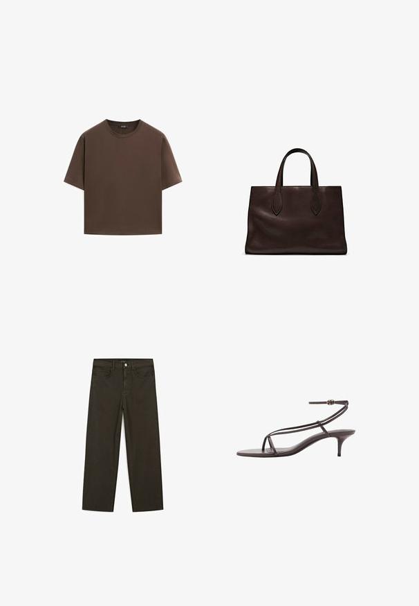 Bruine katoenen t-shirt, korte mouwen, ronde hals, relaxte pasvorm, gladde textuur, minimalistisch ontwerp, geen zichtbare patronen of accenten.; Donkergroene wijde jeans van een katoenmix, met een sluiting met een voorste knop, vijf zakken en klassieke denimstiksels.; Bruine leren sandalen met hakken, voorzien van dunne banden, een minimalistisch ontwerp, open neus en een slanke stilettohak. Inclusief een verstelbare enkelband.; Bruine leren tote bag met twee verlengde handvatten, gestructureerde rechthoekige vorm, gladde textuur en subtiele stiksels.