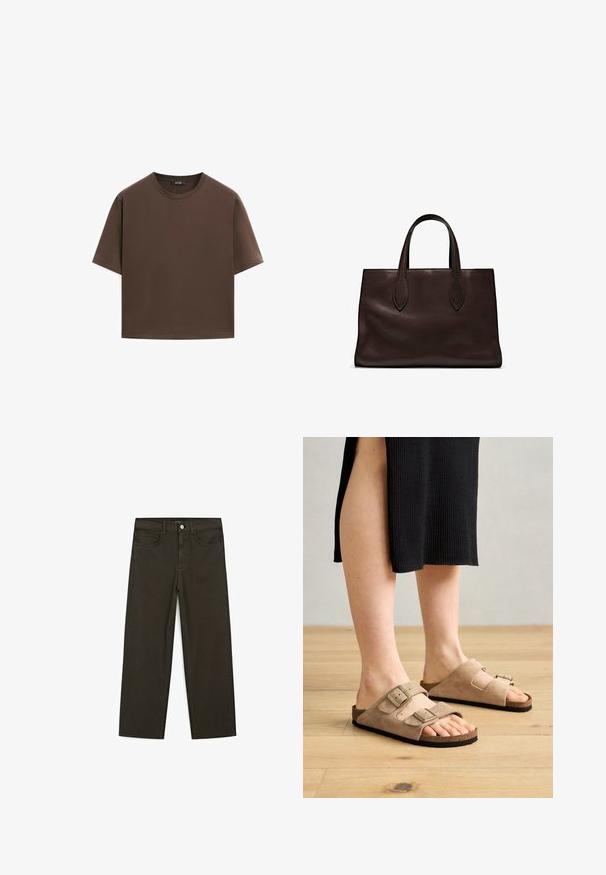 T-shirt in cotone marrone, maniche corte, collo a giro, vestibilità abbastanza ampia, texture liscia, design minimalista, senza motivi o dettagli visibili.; Jeans a gamba larga di colore verde scuro, realizzati in tessuto misto cotone, dotati di chiusura con bottone frontale, cinque tasche e cuciture classiche in denim.; Sandali in suede beige con due cinturini regolabili, plantare in sughero e suole in gomma, mostrati indossati su uno sfondo di pavimento in legno.; Borsa a spalla in pelle marrone con due manici lunghi, forma rettangolare strutturata, texture liscia e dettagli di cucitura sottili.