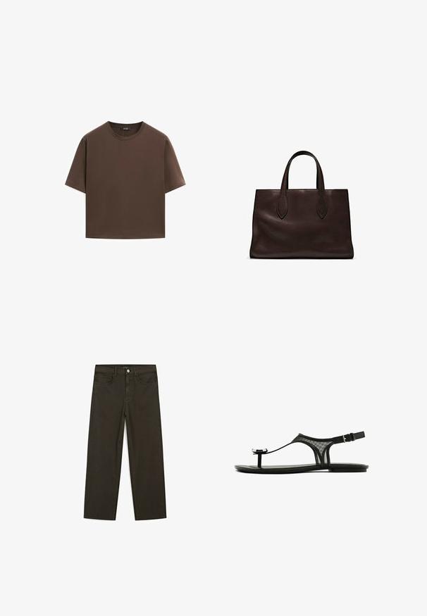 T-shirt in cotone marrone, maniche corte, collo a giro, vestibilità abbastanza ampia, texture liscia, design minimalista, senza motivi o dettagli visibili.; Jeans a gamba larga di colore verde scuro, realizzati in tessuto misto cotone, dotati di chiusura con bottone frontale, cinque tasche e cuciture classiche in denim.; Sandali piatti neri con una cinghia in rete, un sottile anello per le dita e una fibbia regolabile alla caviglia. Presentano un design elegante e minimalista con accenti lucidi.; Borsa a spalla in pelle marrone con due manici lunghi, forma rettangolare strutturata, texture liscia e dettagli di cucitura sottili.