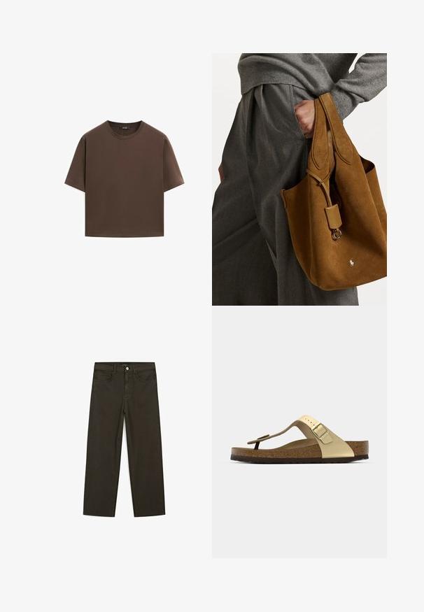 Bruine katoenen t-shirt, korte mouwen, ronde hals, relaxte pasvorm, gladde textuur, minimalistisch ontwerp, geen zichtbare patronen of accenten.; Donkergroene wijde jeans van een katoenmix, met een sluiting met een voorste knop, vijf zakken en klassieke denimstiksels.; Kork voetbed sandaal in lichtgoud met een teenband ontwerp en een verstelbare gesp. Voorzien van een getextureerde zool voor grip. Neutraal kleurenpalet.; Bruine suède tote bag met een ronde vorm, dubbele handvatten en een metalen hardware accent. Heeft een klein logo aan de voorkant.
