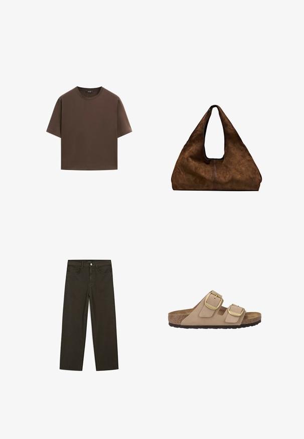 Brązowa bawełniana koszulka, krótki rękaw, okrągły dekolt, luźny fason, gładka tkanina, minimalistyczny design, bez widocznych wzorów czy akcentów.; Ciemnozielone spodnie dżinsowe typu wide-leg wykonane z mieszanki bawełny, z zamkiem na guzik z przodu, pięcioma kieszeniami i klasycznym przeszyciem dżinsowym.; Beżowe sandały na dwa paski z miękkiej zamszowej cholewki, złotymi klamrami, korkową wkładką i teksturowaną gumową podeszwą.; Brązowa zamszowa torba na ramię z otwartą górą. Posiada głęboką, szeroką konstrukcję, uchwyt wycięty oraz minimalne przeszycia dla czystego designu.
