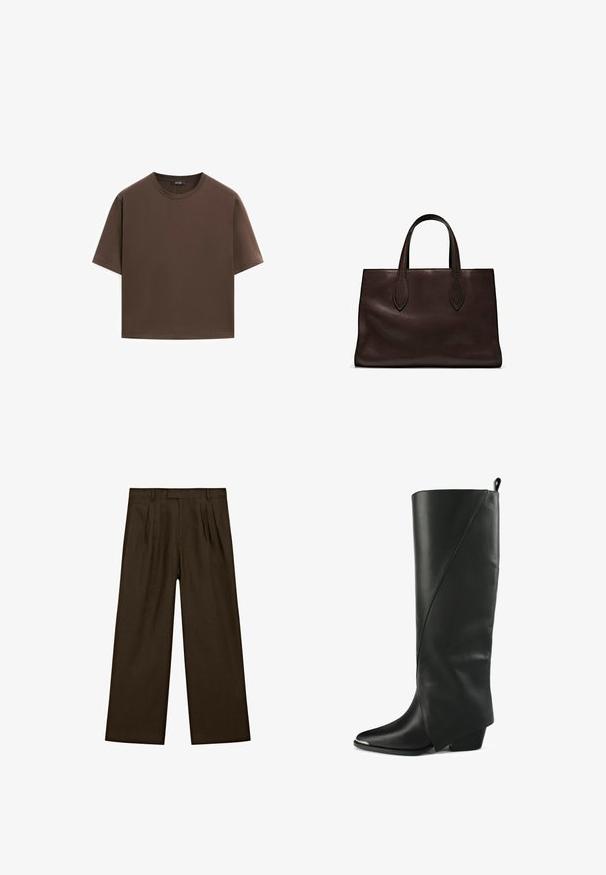 Brown cotton t-shirt, short sleeves, crew neckline, relaxed fit, smooth texture, minimalistic design, no visible patterns or accents.; Brown linen trousers with a relaxed fit, featuring front pleats, a flat waistband, and wide, straight legs for a modern silhouette.; Black leather knee-high boots with a pointed toe, angular design, curved seam detail, and a low block heel.; Brown leather tote bag with two elongated handles, structured rectangular shape, smooth texture, and subtle stitching details.