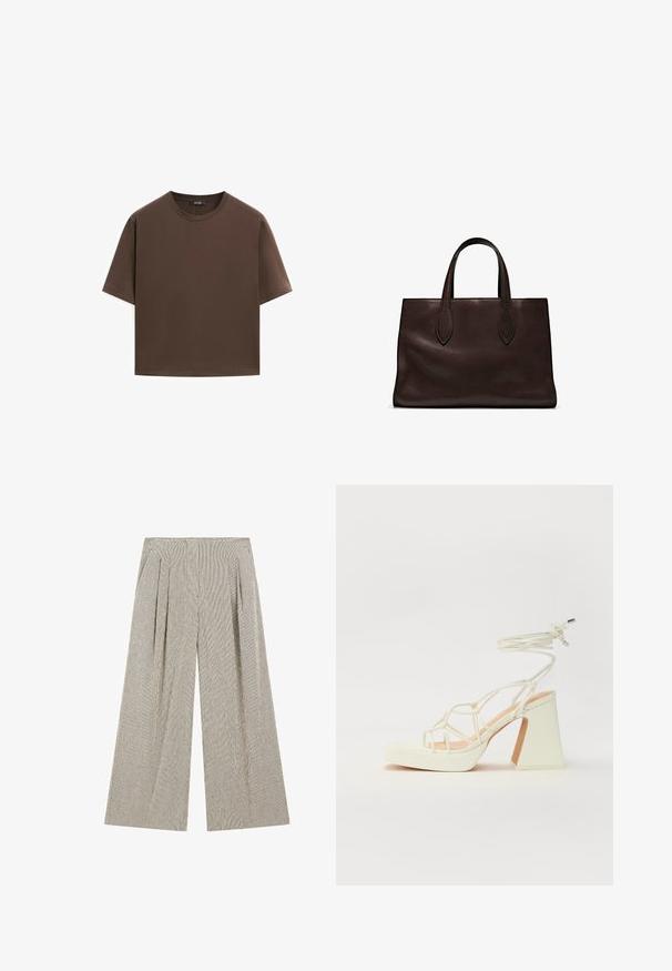 Brun bomulds t-shirt, korte ærmer, rund halsudskæring, afslappet pasform, glat tekstur, minimalistisk design, ingen synlige mønstre eller accenter.; Bredde bukser lavet af tekstureret stof i en dæmpet grå farve med subtile lodrette striber, der har plisseringer i taljen for ekstra detaljer.; Hvide højhælede sandaler med en kraftig hæl, der har et stropdesign og ankelbinding. Glat tekstur med en platform foran for ekstra højde.; Brun læder tote bag med to forlængede håndtag, struktureret rektangulær form, glat overflade og subtile syninger.