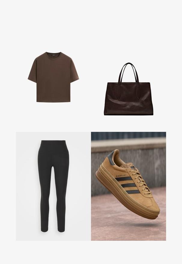 Brązowa bawełniana koszulka, krótki rękaw, okrągły dekolt, luźny fason, gładka tkanina, minimalistyczny design, bez widocznych wzorów czy akcentów.; Czarne legginsy wykonane z elastycznego materiału, z wysokim stanem, prążkowaną teksturą i dopasowanym krojem. Bez widocznych wzorów ani detali hardware.; Beżowe zamszowe sneakersy o gładkiej fakturze, z trzema ciemnymi paskami, zaokrąglonym noskiem i grubszą podeszwą z wzorzystym wykończeniem.; Massimo Dutti - Torebka
