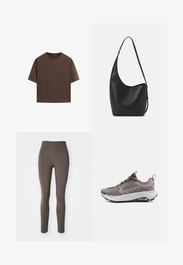 Brun bomulds t-shirt, korte ærmer, rund halsudskæring, afslappet pasform, glat tekstur, minimalistisk design, ingen synlige mønstre eller accenter.; Nike Performance ONE 7/8 - Tights - ironstone; Grå Nike trail løbesko med en tekstureret overdel, forstærket tå, polstret mellemsål og sort gummiydersål. Snørebånd og løftestrop inkluderet.; Sort læder hobo taske med en glat overflade, buet form og en enkelt justerbar rem; har en bred åbning øverst.