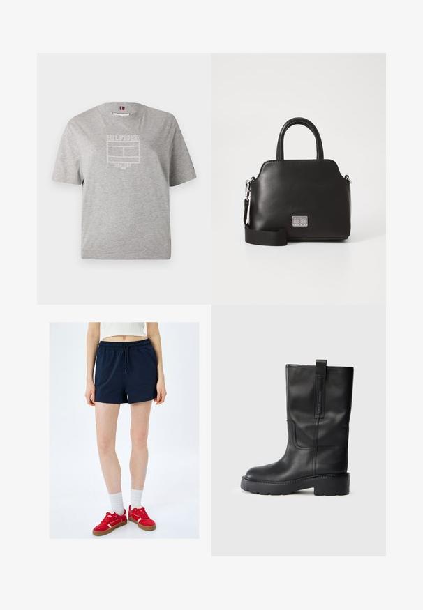 Grå bomulds T-shirt med rund hals, der har et broderet hvidt logo "HILFIGER NEW YORK 1985" centreret på brystet. Korte ærmer.; Mørkeblå shorts med elastisk talje og snor; lavet af blødt stof med en glat tekstur, har sidesømmer og en afslappet pasform.; Sorte læderstøvler til knæene med et slankt design, der har en kraftig sål og en sidehank til nem påtagning. Bemærkelsesværdige stikninger.; Sort syntetisk håndtaske med toppløftshåndtag, aftagelig skulderrem, rund form, glat tekstur og sølvlogo på forsiden.