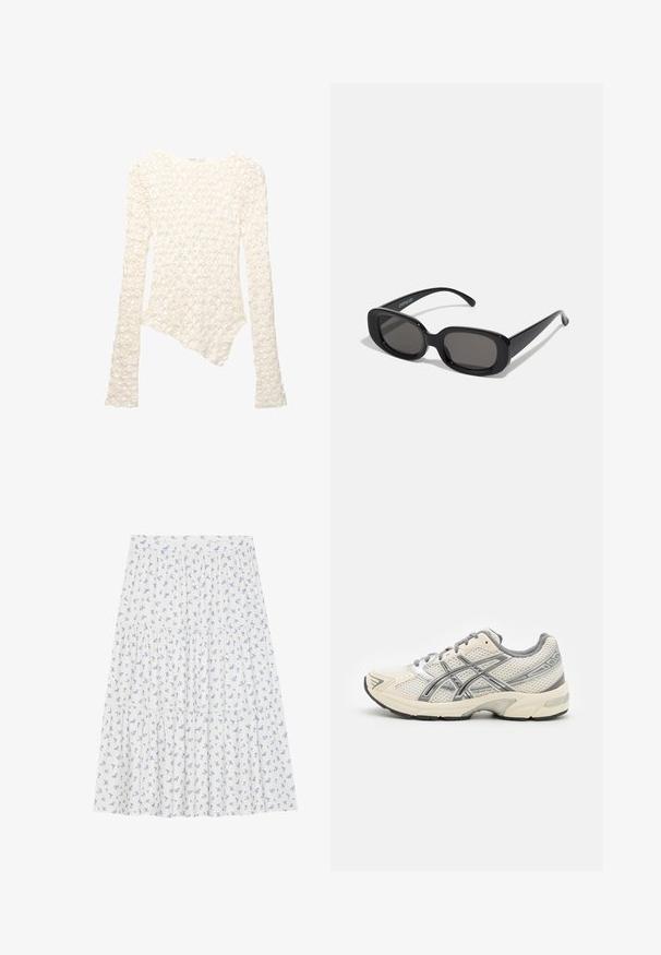Pull en tricot blanc à manches longues avec motif floral et ourlet asymétrique.; Jupe florale en tissu léger, avec un fond blanc agrémenté de petites fleurs bleues, design à volants et taille élastique.; Baskets de course avec une tige en mesh blanc respirant, des accents argentés, des lacets gris et une semelle en caoutchouc noir durable. Design léger et rembourré.; Lunettes de soleil rectangulaires noires avec des verres foncés. Monture en plastique épaisse, texture lisse et bords arrondis. Les branches élégantes s'étendent vers l'extérieur.; Sac à main en cuir noir avec une forme courbée, doté d'une fermeture à glissière en haut, d'une courte poignée et d'une bandoulière amovible. Accent en métal doré.