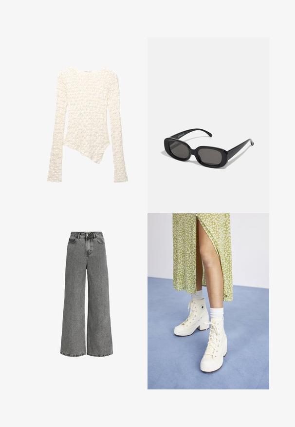 Witte gebreide trui met lange mouwen, bloemenpatroon en asymmetrische zoom.; Wijdere jeans van grijze denim, met een hoge taille, standaard zakken en een subtiel vervaagd patroon. Rauwe zoom aan de onderkant.; Witte hoge platform sneakers met veters en zilveren oogjes, gecombineerd met witte crew sokken, op een lichtblauwe vloer.; Zwarte rechthoekige zonnebril met donkere lenzen. Dikke plastic montuur, gladde textuur en ronde randen. Stijlvolle steunen lopen naar buiten.