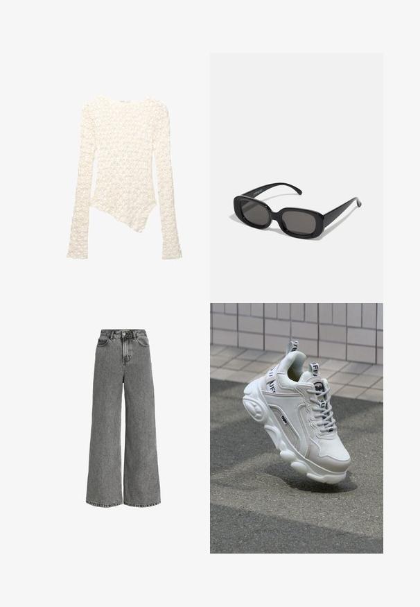 Bílý pletený svetr s dlouhým rukávem, květinovým vzorem a asymetrickým spodním lemem.; Džíny s širokými nohavicemi vyrobené ze šedého denim, s vysokým pasem, standardními kapsami a jemným vybledlým vzorem. Spodní okraj má surové zakončení.; Bílé tenisky vyrobené z textilního a koženého materiálu, s kulatou špičkou, silnou podrážkou, výraznými šňůrkami a logem na patě a jazyku.; Černé obdélníkové sluneční brýle s tmavými skly. Silný plastový rámeček, hladký povrch a zaoblené hrany. Stylové stranice vycházejí ven.; Černá kožená kabelka s zaobleným tvarem, vybavená horním zipovým uzávěrem, krátkým uchem a odnímatelným popruhem přes rameno. Zlaté kovové detaily.