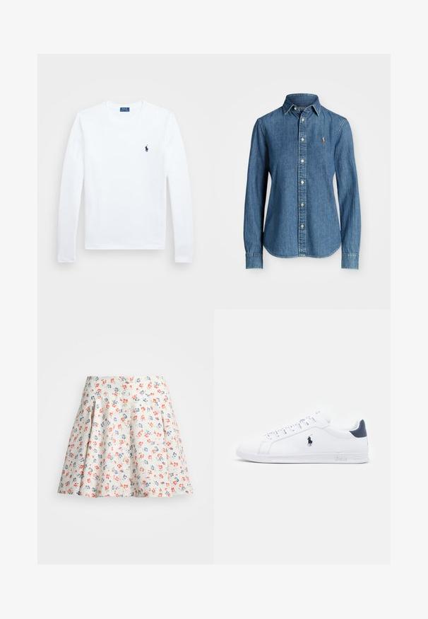 Camisa de manga longa branca, em material de algodão, com decote redondo, apresentando um pequeno logótipo azul-marinho no lado esquerdo do peito. Design simples, ajuste regular.; Camisa de denim azul médio, mangas longas, colarinho com botões e detalhe de logo no peito. Apresenta uma bainha arredondada e um corte standard.; Saia floral em tecido creme, apresentando flores vermelhas e azuis. Forma em A com pregas na cintura e fechamento frontal com botão.; Tenis brancos de couro com um acabamento suave, detalhes em azul marinho e um pequeno logotipo na lateral. Possui atacadores planos e sola de borracha texturizada.