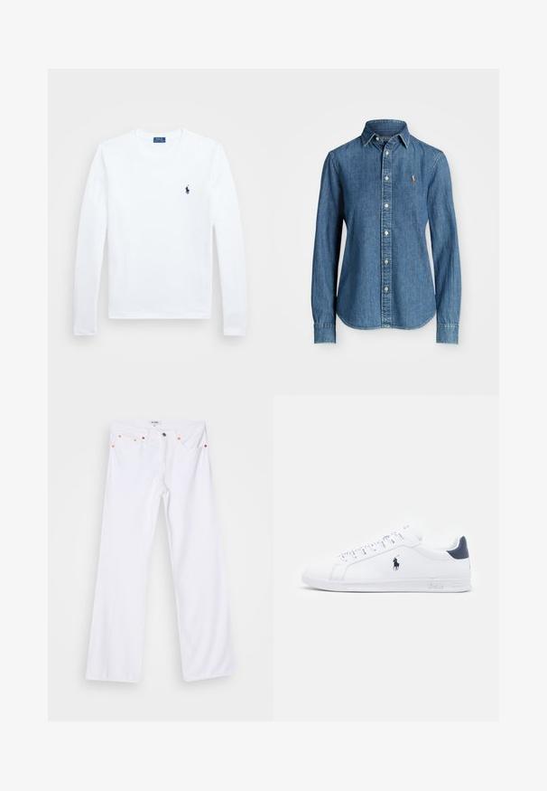 Valge pikkade varrukatega särk, puuvillane materjal, ümmargune kaelus, väikese tumepMereväe logoga vasakul rinnal. Lihtne disain, regulaarne lõige.; Keskmiselt sinine teksapaita, pikkade varrukatega, nööpidega krae ja logoga aksent rinnal. Omab kumerat äärist ja standardset lõiget.; Valged denimpüksid laieneva säärega, millel on oranž tikand, viis taskut ja metallist nööpkinnitus. Pind on sile, veidi tekstureeritud.; Valged nahast spordijalanõud sileda pinnaga, tumesinised detailid ja väike logo külgedel. Omab lapikud paelu ja tekstureeritud kummitalda.