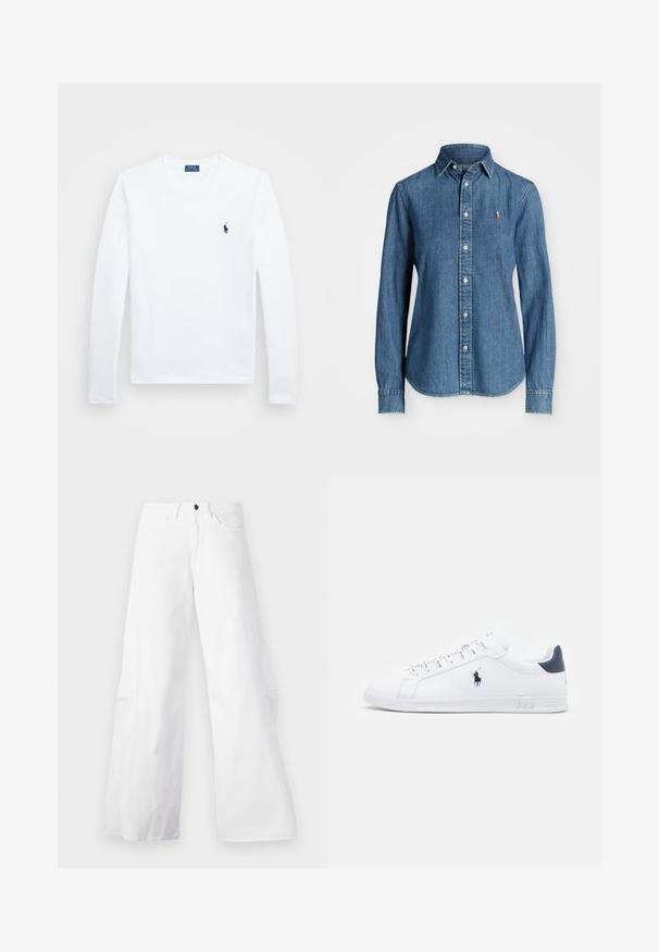 Chemise blanche à manches longues, en coton, avec un col rond, ornée d'un petit logo marine sur la poitrine gauche. Design simple, coupe standard.; Chemise en denim bleu moyen, à manches longues, col boutonné et accent logo sur la poitrine. Elle présente un ourlet arrondi et une coupe standard.; Pantalons en denim blancs à jambes larges avec un design à cinq poches. Dotés d'un bouton noir et d'une fermeture éclair. Texture lisse, silhouette droite.; Baskets blanches en cuir avec une finition lisse, accents navy et un petit logo sur le côté. Elles disposent de lacets plats et d'une semelle en caoutchouc texturée.