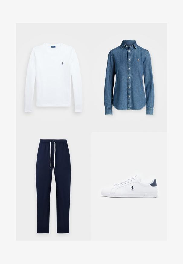 Bela dolga majica z dolgimi rokavi, bombažni material, okrogla neckline, z majhnim mornarsko modrim logotipom na levem prsnem delu. Preprost dizajn, običajen kroj.; Denim srajca v srednji modri barvi, dolgi rokavi, ovratnik z gumbi in akcent logotipa na prsih. Ima ukrivljen rob in standardno prileganje.; Temno modre hlače jogger iz mehke tkanine, z elastičnim pasom in belimi vezalkami, ravnim krojem in brez vidnih vzorcev.; Bele športne copate iz belega usnja z gladko površino, mornarsko modrimi detajli in majhnim logotipom na strani. Imajo ravne vezalke in teksturiran gumijast podplat.