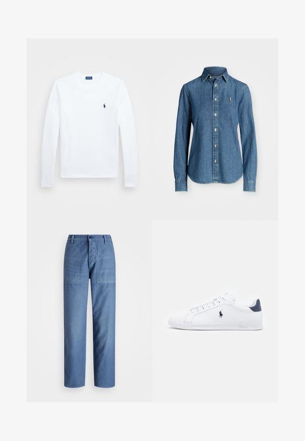 Bílá dlouhá košile s dlouhým rukávem, bavlněný materiál, kulatý výstřih, s malým námořnickým logem na levém prsu. Jednoduchý design, standardní střih.; Džínová košile ve středně modré barvě, dlouhé rukávy, límeček na knoflíky a akcent s logem na prsou. Obsahuje zakřivený lem a standardní střih.; Světle modré džíny s rovnými nohavicemi, které mají dvě přední kapsy a zapínání na knoflík v pase. Hladká textura.; Bílé kožené tenisky s hladkým povrchem, námořnickými akcenty a malým logem na boku. Mají ploché tkaničky a texturovanou gumovou podrážku.