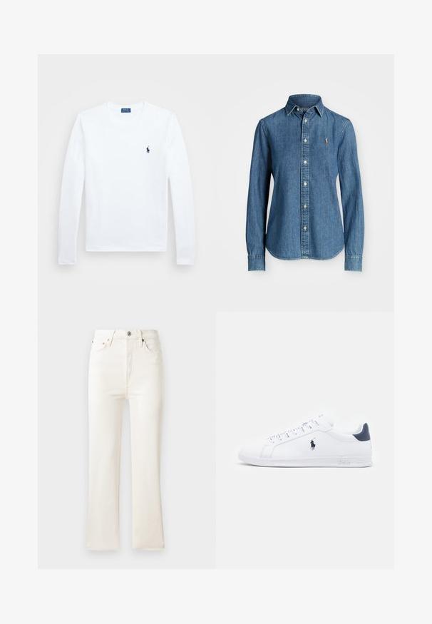 Valge pikkade varrukatega särk, puuvillane materjal, ümmargune kaelus, väikese tumepMereväe logoga vasakul rinnal. Lihtne disain, regulaarne lõige.; Keskmiselt sinine teksapaita, pikkade varrukatega, nööpidega krae ja logoga aksent rinnal. Omab kumerat äärist ja standardset lõiget.; Kõrge vöökohaga valged denim flared teksad, millel on tõmblukk, viis taskut ja peened õmblusdetailid. Kanga pind on sile.; Valged nahast spordijalanõud sileda pinnaga, tumesinised detailid ja väike logo külgedel. Omab lapikud paelu ja tekstureeritud kummitalda.