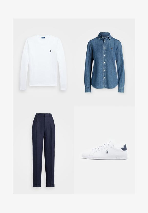 Bílá dlouhá košile s dlouhým rukávem, bavlněný materiál, kulatý výstřih, s malým námořnickým logem na levém prsu. Jednoduchý design, standardní střih.; Džínová košile ve středně modré barvě, dlouhé rukávy, límeček na knoflíky a akcent s logem na prsou. Obsahuje zakřivený lem a standardní střih.; Polo Ralph Lauren HERRINGBONE LINEN TAPERED PANT - Kalhoty - navy; Bílé kožené tenisky s hladkým povrchem, námořnickými akcenty a malým logem na boku. Mají ploché tkaničky a texturovanou gumovou podrážku.